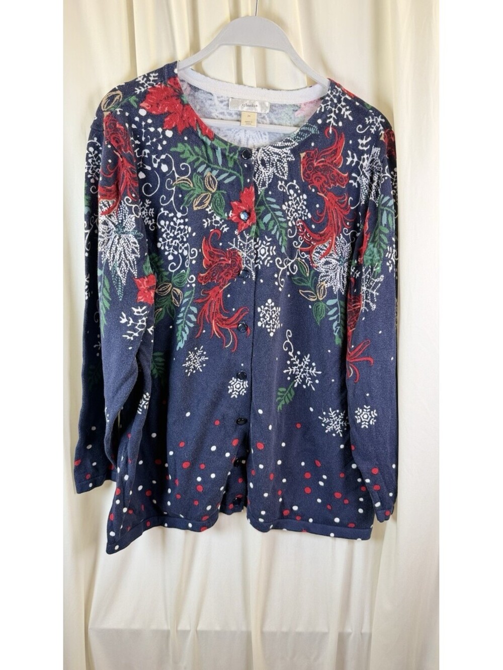 CJ Banks Womens Holiday Sweater Button Cardigan Navy Red Poinsetta Snowflakes 2X